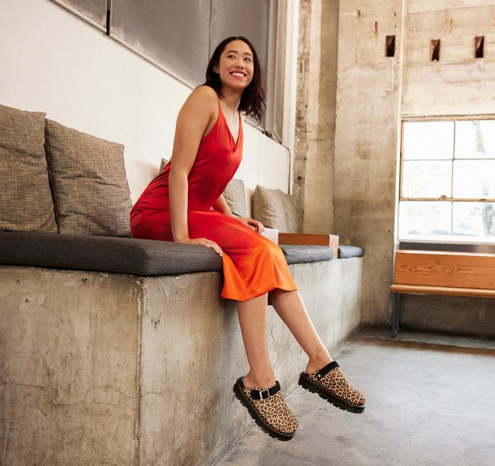 Orange and Red Slip Dress with Leopard Print Clogs — Simple Mules Outfits