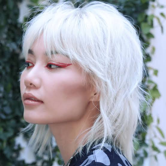 Platinum Blonde Mullet With Root Shadow and Curtain Bangs Platinum Blonde Mullet With Root Shadow and Curtain Bangs — Simple Mullet Hairstyles