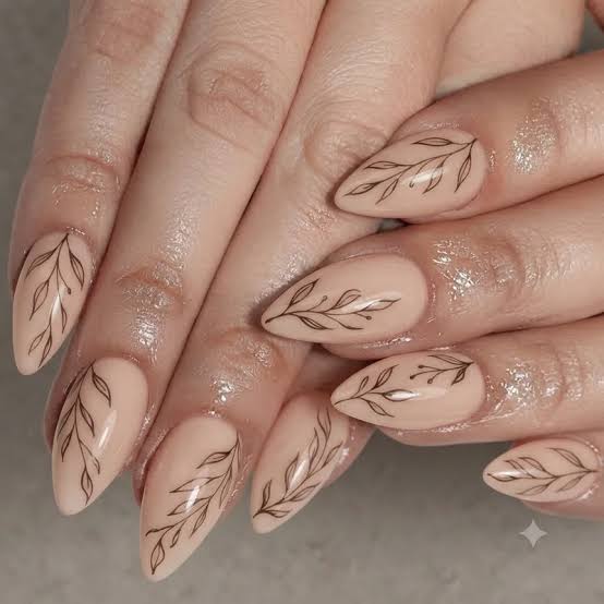 Medium Sharp Almond Nude Branch Line Art Medium Sharp Almond Nude Branch Line Art — Simple Nail Art Inspo