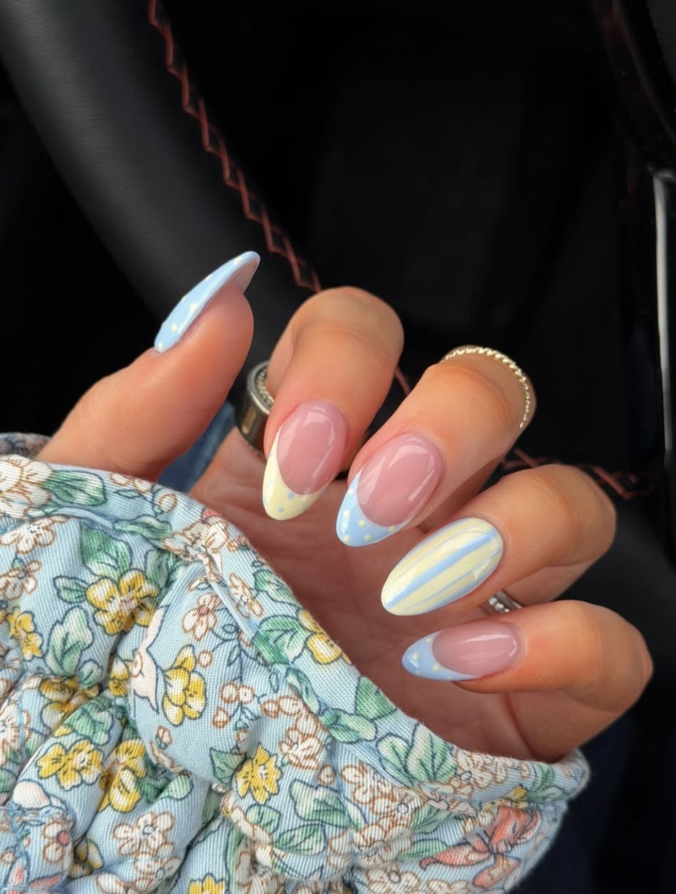 Medium Almond Pastel Stripes And Dots Medium Almond Pastel Stripes And Dots — Simple Nail Art Inspo