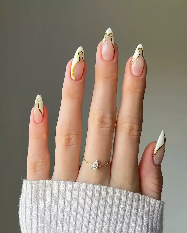 Long Almond Nude With White Tips Gold Lines Long Almond Nude With White Tips Gold Lines — Simple Nail Art Inspo