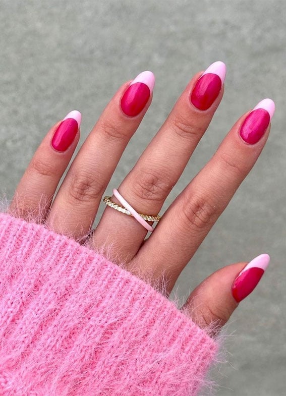 Medium Almond Bright Pink Light Pink French Medium Almond Bright Pink Light Pink French — Simple Nail Art Inspo