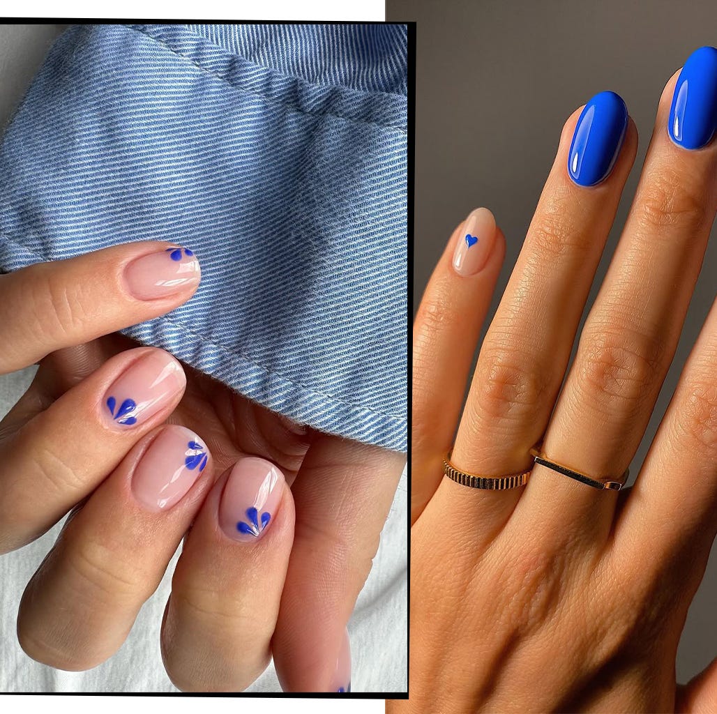 Short Square Blue With Heart Accents Short Square Blue With Heart Accents — Simple Nail Art Inspo