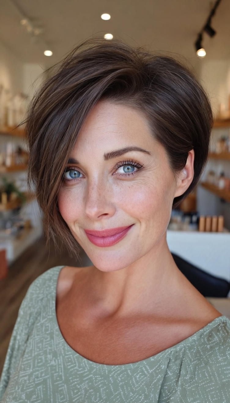 Medium Brown Pixie Bob Smooth Side-Swept Bangs Medium Brown Pixie Bob Smooth Side-Swept Bangs — Simple Pixie Bob