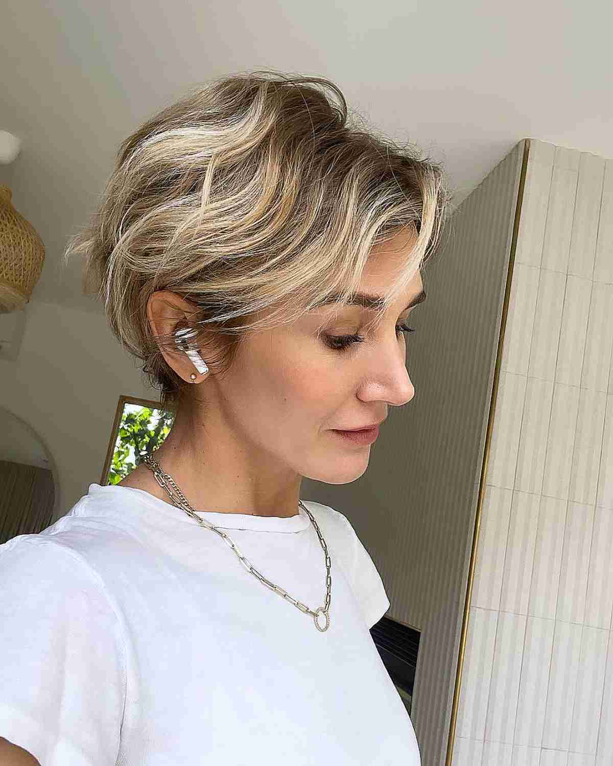 Ash Blonde Pixie Bob Textured Layers, Ear Ash Blonde Pixie Bob Textured Layers, Ear — Simple Pixie Bob