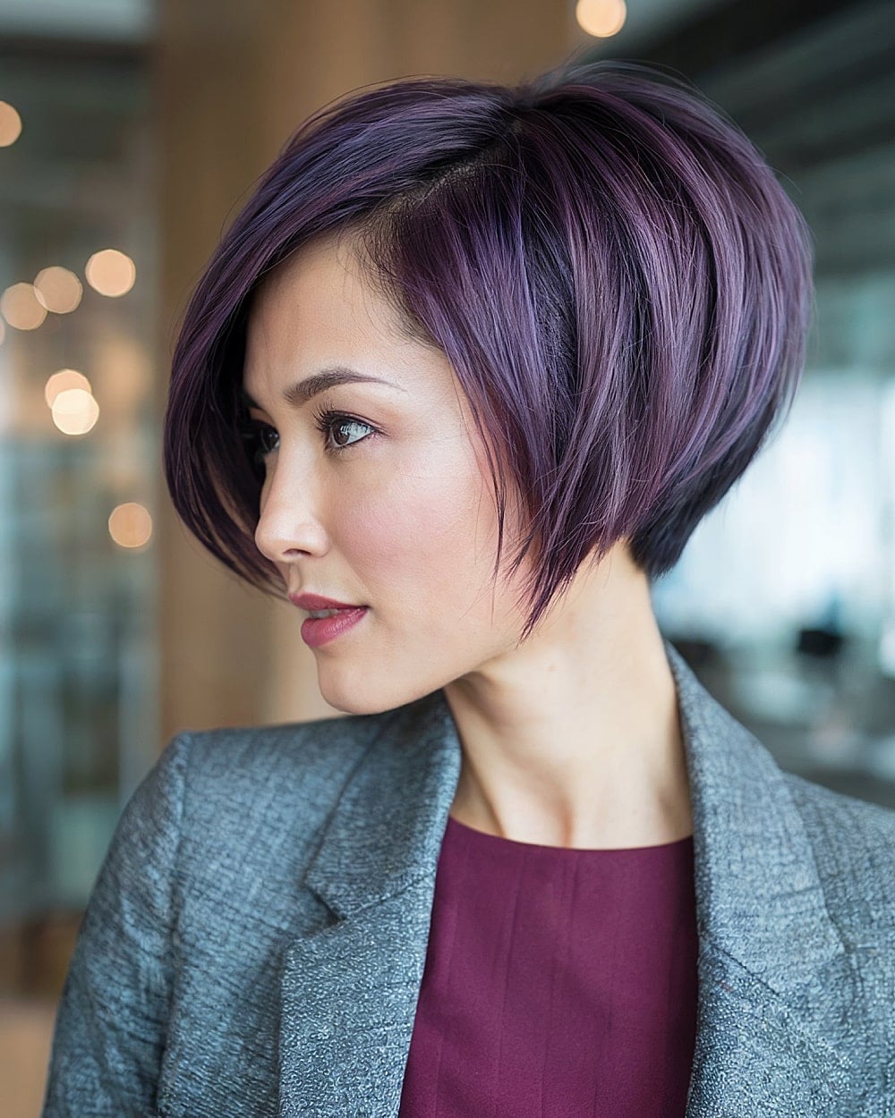 Dark Purple Angled Bob Smooth Blowout Dark Purple Angled Bob Smooth Blowout — Simple Pixie Bob