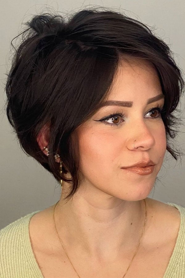 Dark Brown Pixie Bob Tousled Side Bangs Dark Brown Pixie Bob Tousled Side Bangs — Simple Pixie Bob