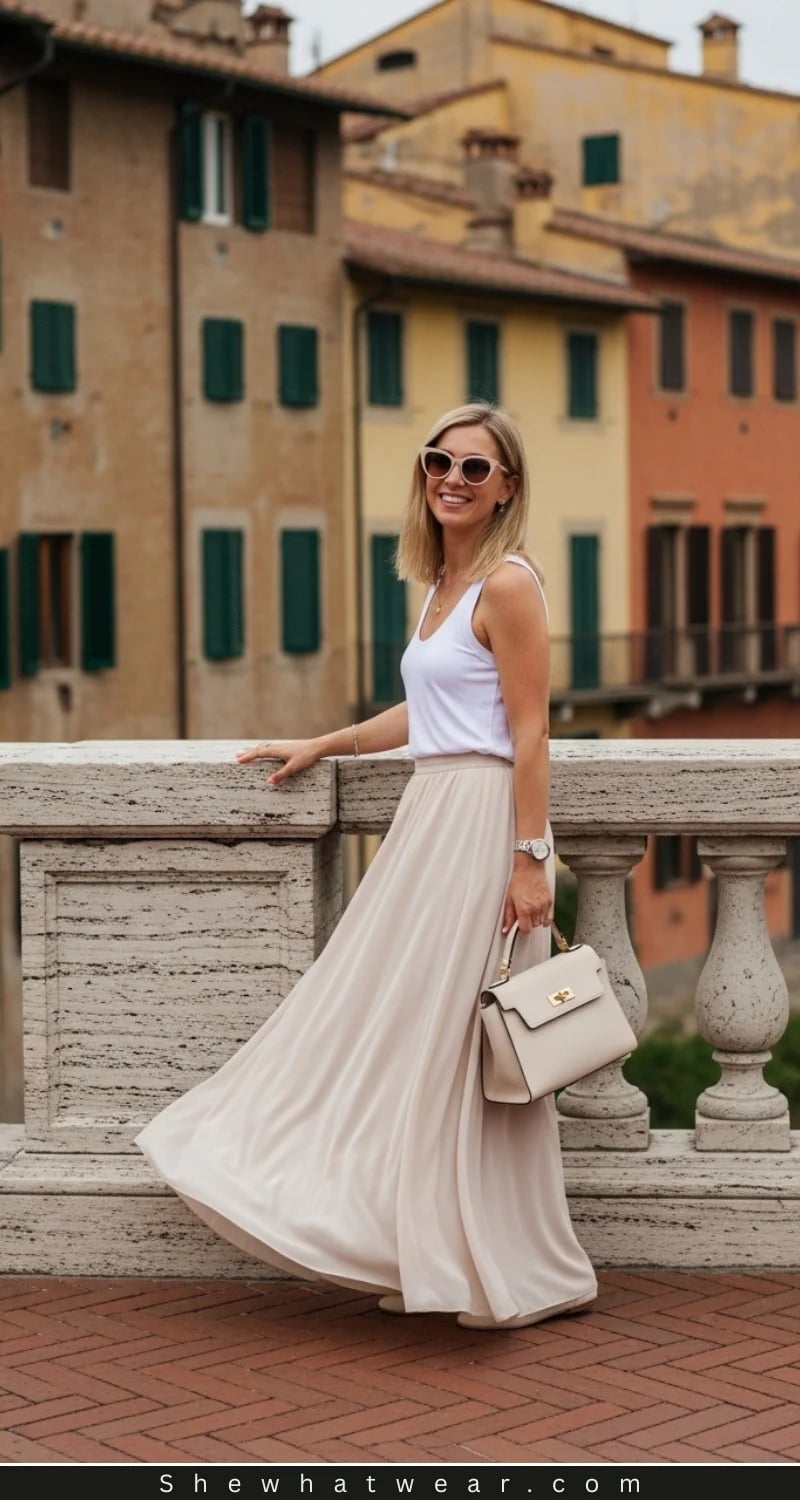 Beige Flowing Maxi Skirt with White Tank Top Beige Flowing Maxi Skirt with White Tank Top — Simple Pleated Skirt Outfits