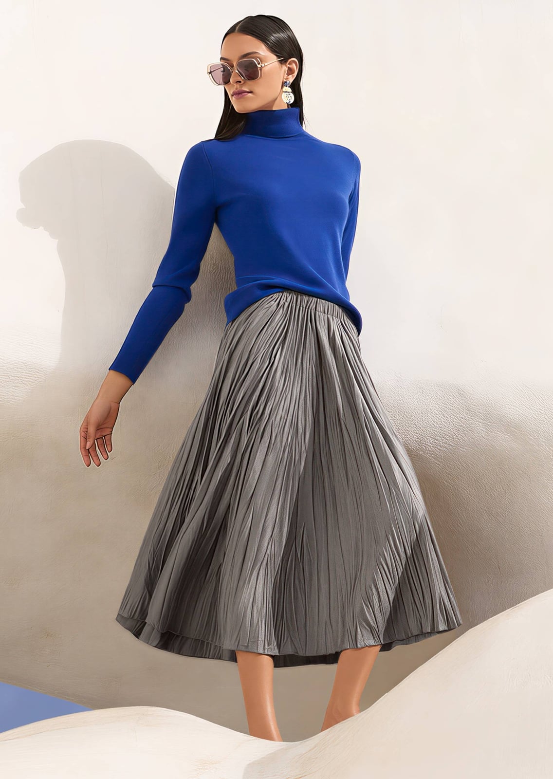 Gray Pleated Midi Skirt with Royal Blue Turtleneck Gray Pleated Midi Skirt with Royal Blue Turtleneck — Simple Pleated Skirt Outfits