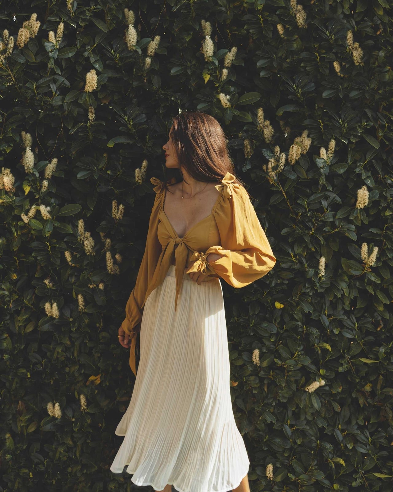 Cream Flowing Pleated A-Line Skirt with Mustard Yellow, Close-Up Take Cream Flowing Pleated A-Line Skirt with Mustard Yellow, Close-Up Take — Simple Pleated Skirt Outfits