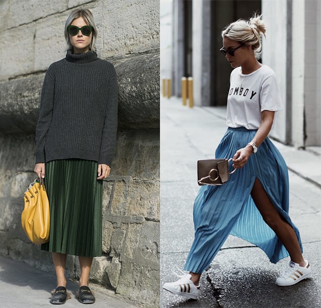Blue Pleated Skirt with High Slit, White T-Shirt, and Sneakers Blue Pleated Skirt with High Slit, White T-Shirt, and Sneakers — Simple Pleated Skirt Outfits