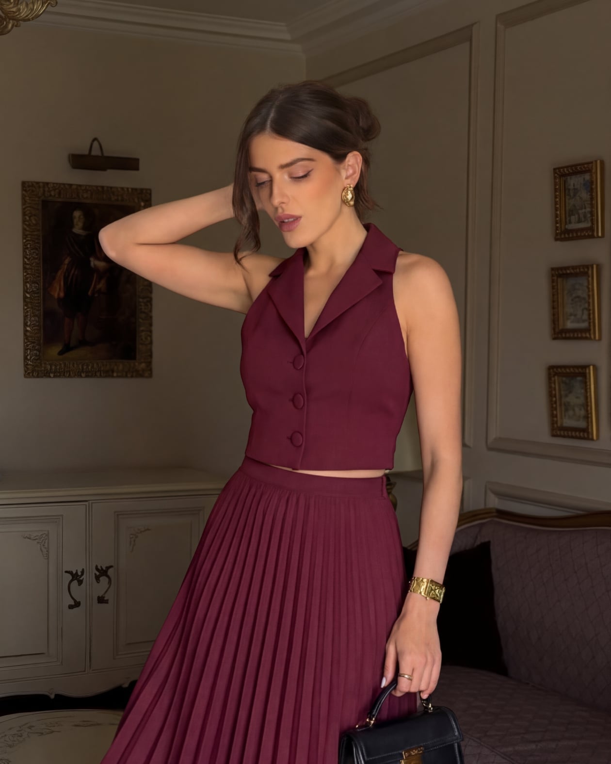 Maroon Co-ord Set with Cropped Vest and Pleated Midi, Close-Up Take Maroon Co-ord Set with Cropped Vest and Pleated Midi, Close-Up Take — Simple Pleated Skirt Outfits