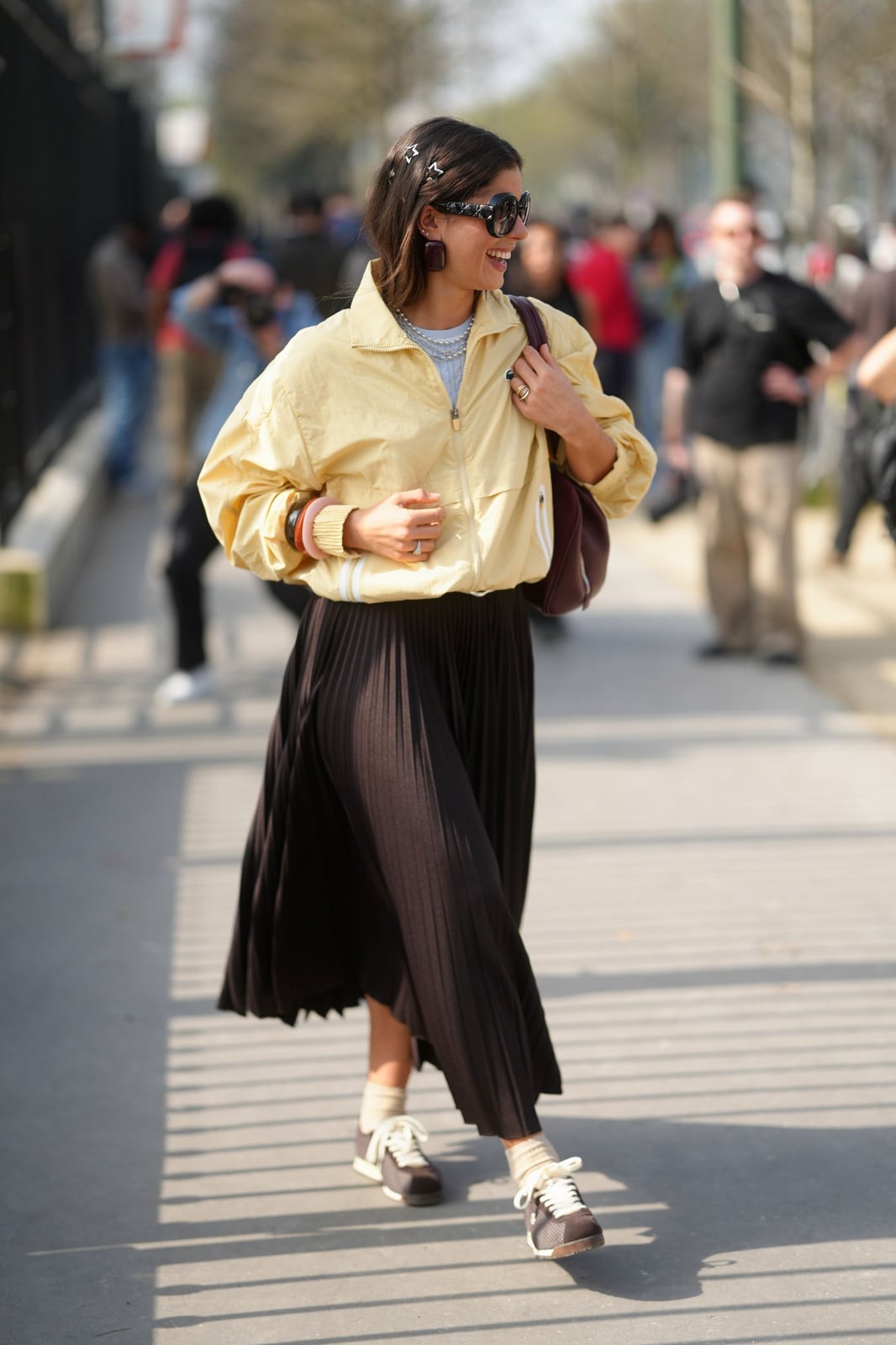 Yellow Zip-Up Jacket Over Blue Top with Black Pleated Maxi Skirt Yellow Zip-Up Jacket Over Blue Top with Black Pleated Maxi Skirt — Simple Pleated Skirt Outfits