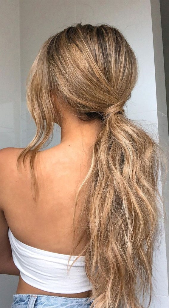 Low Ponytail Effortless Waves Wispy Bangs — Simple Pony Hairstyles