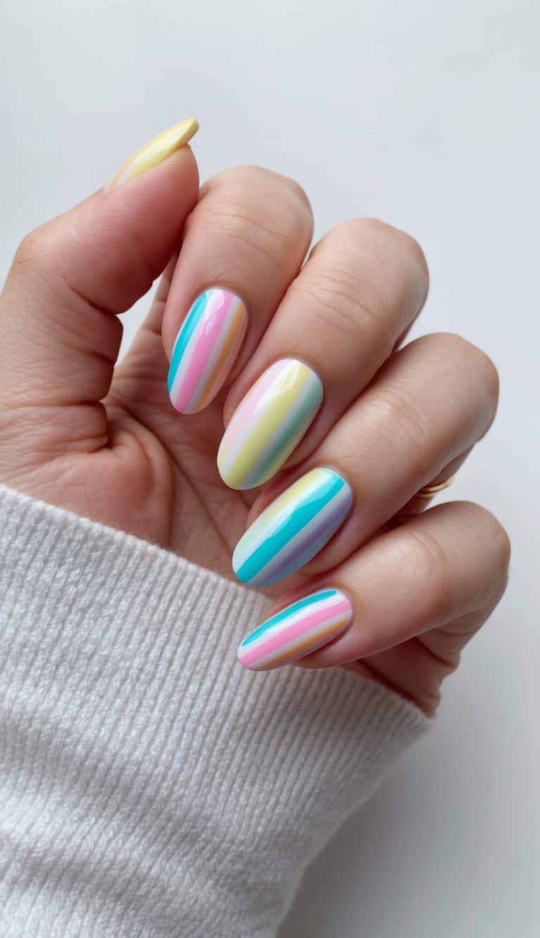 Horizontal Pastel Rainbow Stripes Medium Oval Nails Horizontal Pastel Rainbow Stripes Medium Oval Nails — Simple Rainbow Nails