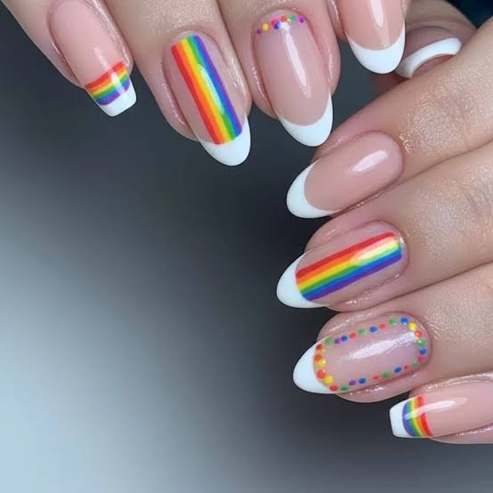 Rainbow Stripe French Accent Medium Almond Nails Rainbow Stripe French Accent Medium Almond Nails — Simple Rainbow Nails