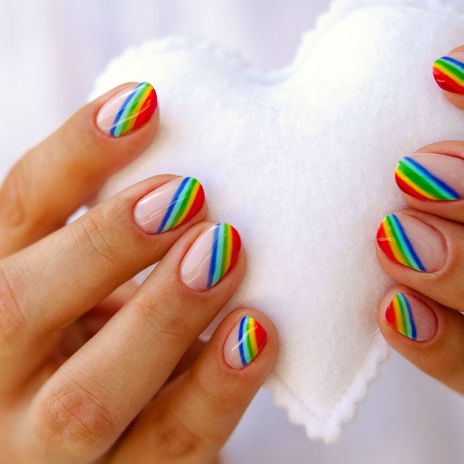 Diagonal Rainbow Stripes Short Oval Nails With прозрачная основа Diagonal Rainbow Stripes Short Oval Nails With прозрачная основа — Simple Rainbow Nails