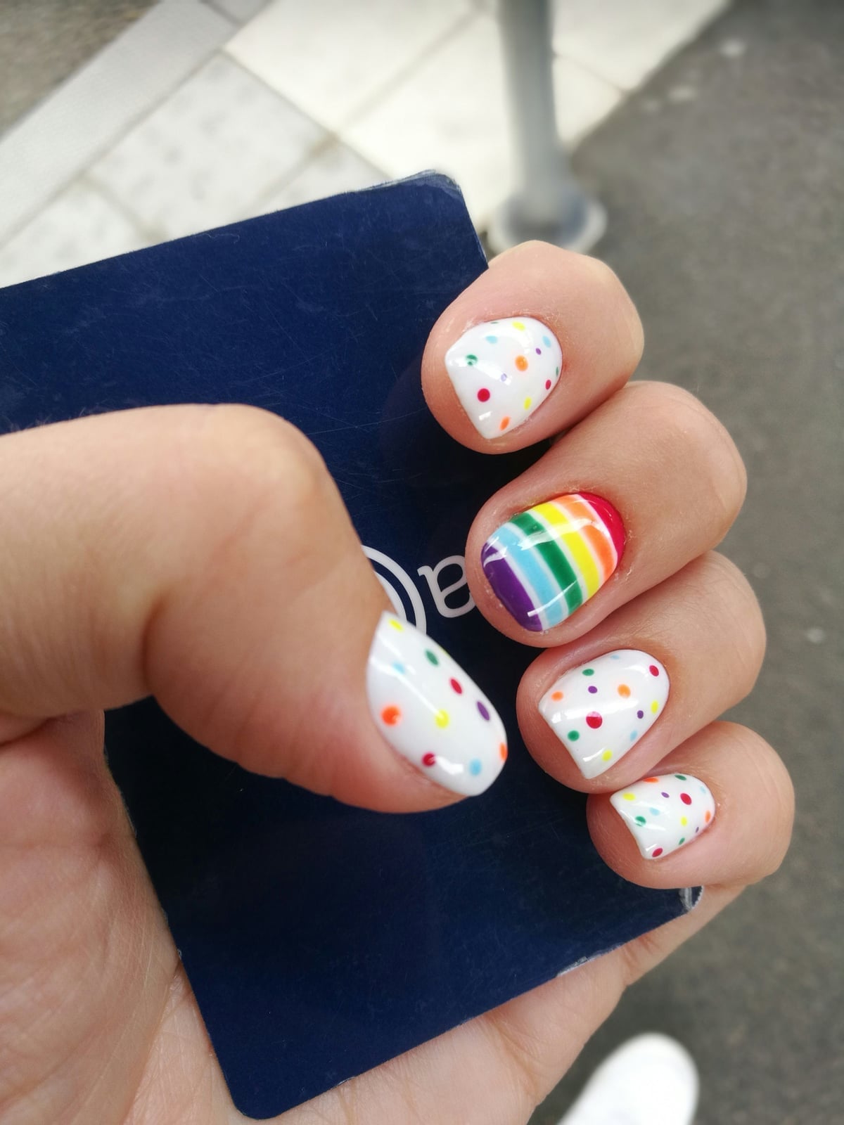 Rainbow Stripe and Polka Dot Short Square Nails Rainbow Stripe and Polka Dot Short Square Nails — Simple Rainbow Nails