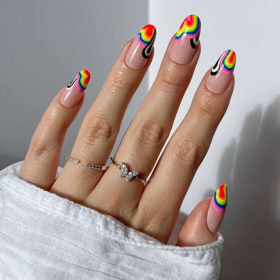 Rainbow Stripe French Accent Medium Almond Nails, Close-Up Take Rainbow Stripe French Accent Medium Almond Nails, Close-Up Take — Simple Rainbow Nails
