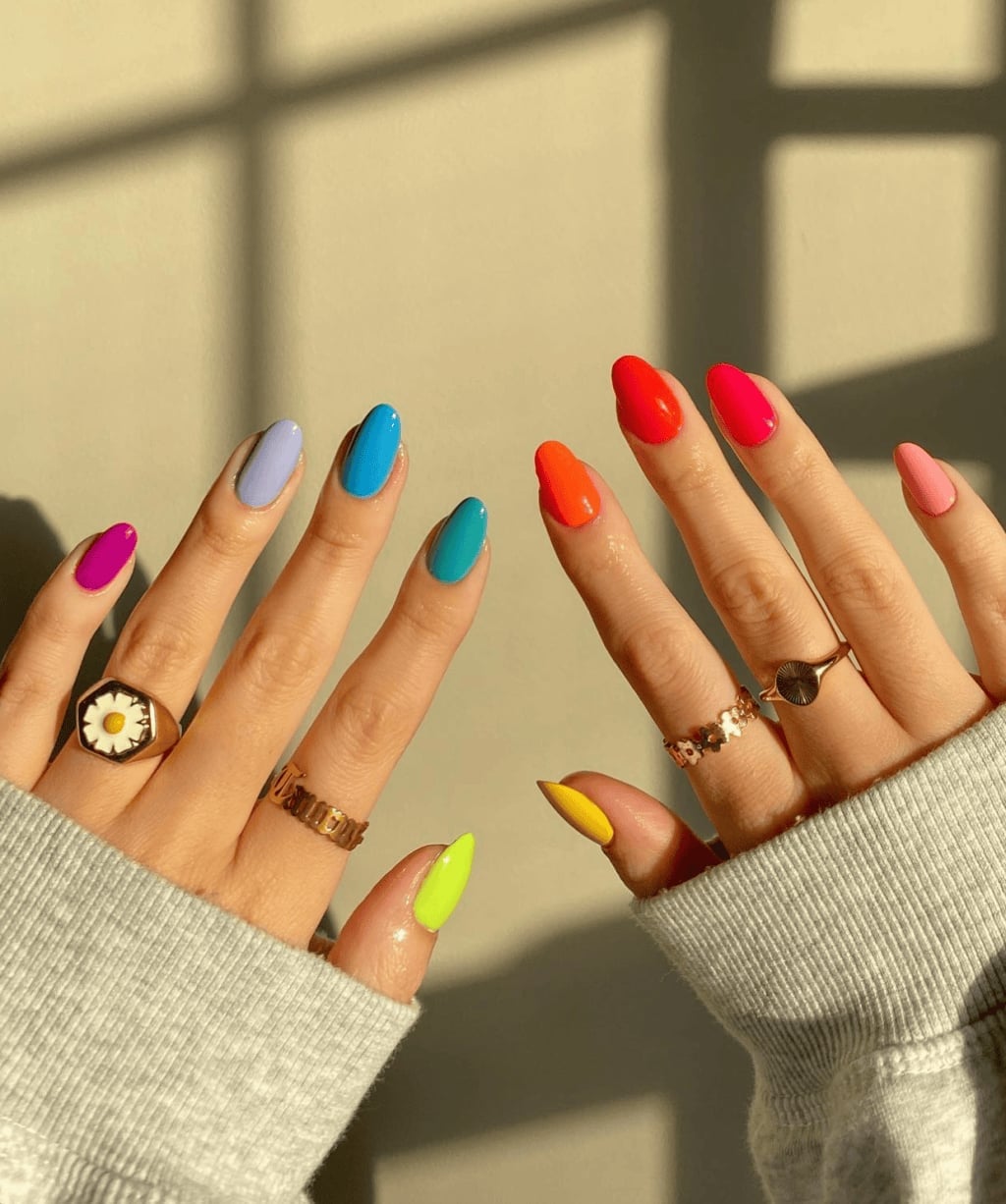Vibrant Solid Colors Medium Almond Nails Vibrant Solid Colors Medium Almond Nails — Simple Rainbow Nails