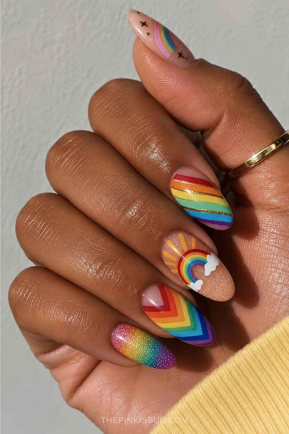 Detailed Rainbow Motifs Medium Almond Nails Detailed Rainbow Motifs Medium Almond Nails — Simple Rainbow Nails