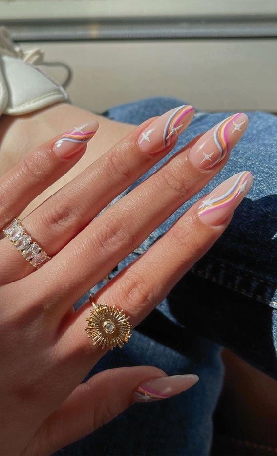 Delicate Pastel Swirls Long Almond Nails Delicate Pastel Swirls Long Almond Nails — Simple Rainbow Nails