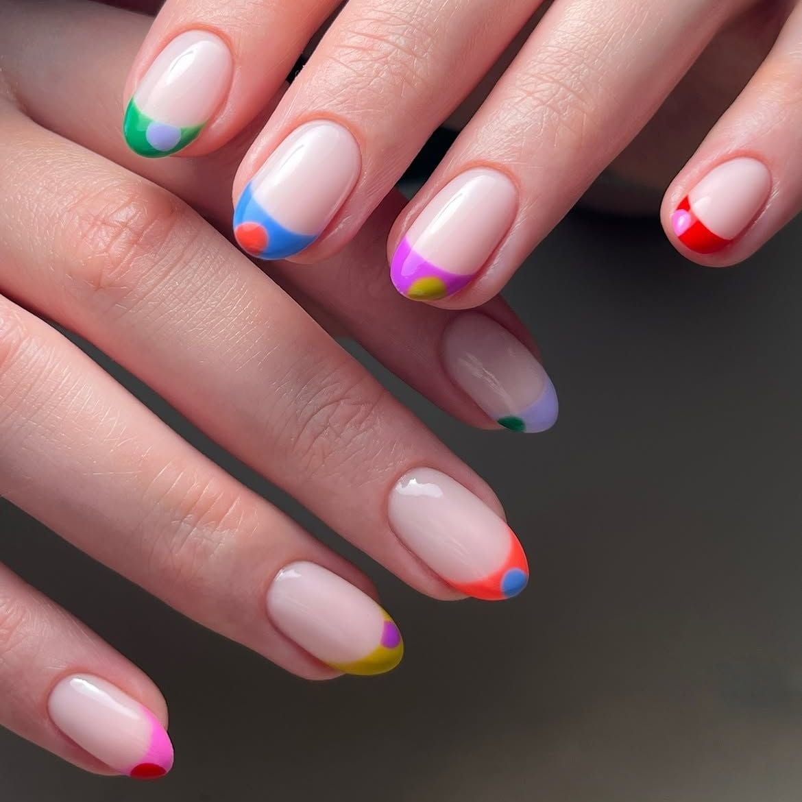 Colored French Tips with Dots Short Oval Nails Colored French Tips with Dots Short Oval Nails — Simple Rainbow Nails