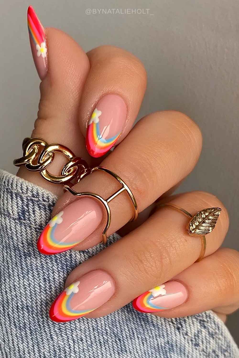 Rainbow French Tips Floral Accents Medium Almond Nails Rainbow French Tips Floral Accents Medium Almond Nails — Simple Rainbow Nails