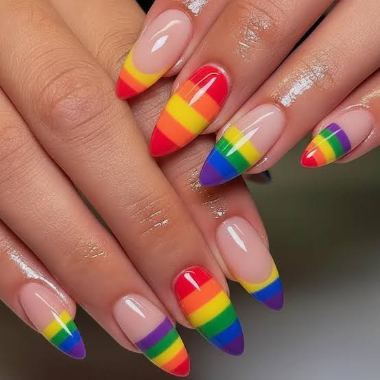Bold Rainbow Stripes Full Nail Long Almond Nails Bold Rainbow Stripes Full Nail Long Almond Nails — Simple Rainbow Nails