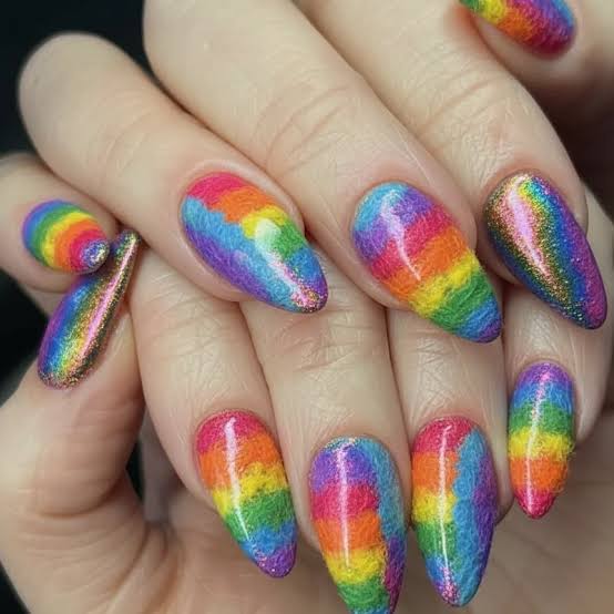 Textured Shimmer Rainbow Medium Almond Nails Textured Shimmer Rainbow Medium Almond Nails — Simple Rainbow Nails