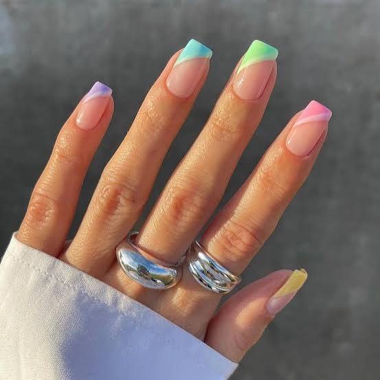 Pastel Rainbow Gradient French Tips Medium Square Nails Pastel Rainbow Gradient French Tips Medium Square Nails — Simple Rainbow Nails