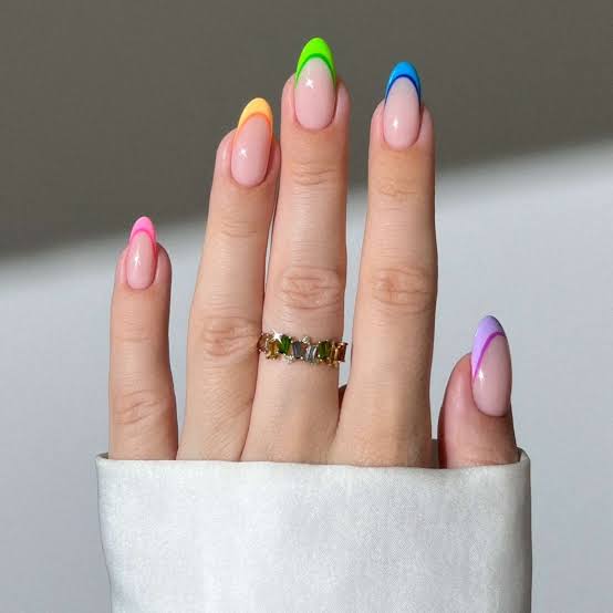 Micro Rainbow French Tips Medium Almond Nails, Glossy Micro Rainbow French Tips Medium Almond Nails, Glossy — Simple Rainbow Nails