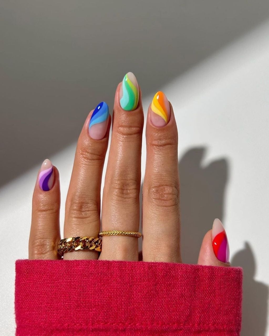 Curved Rainbow Stripes Medium Almond Nails Curved Rainbow Stripes Medium Almond Nails — Simple Rainbow Nails