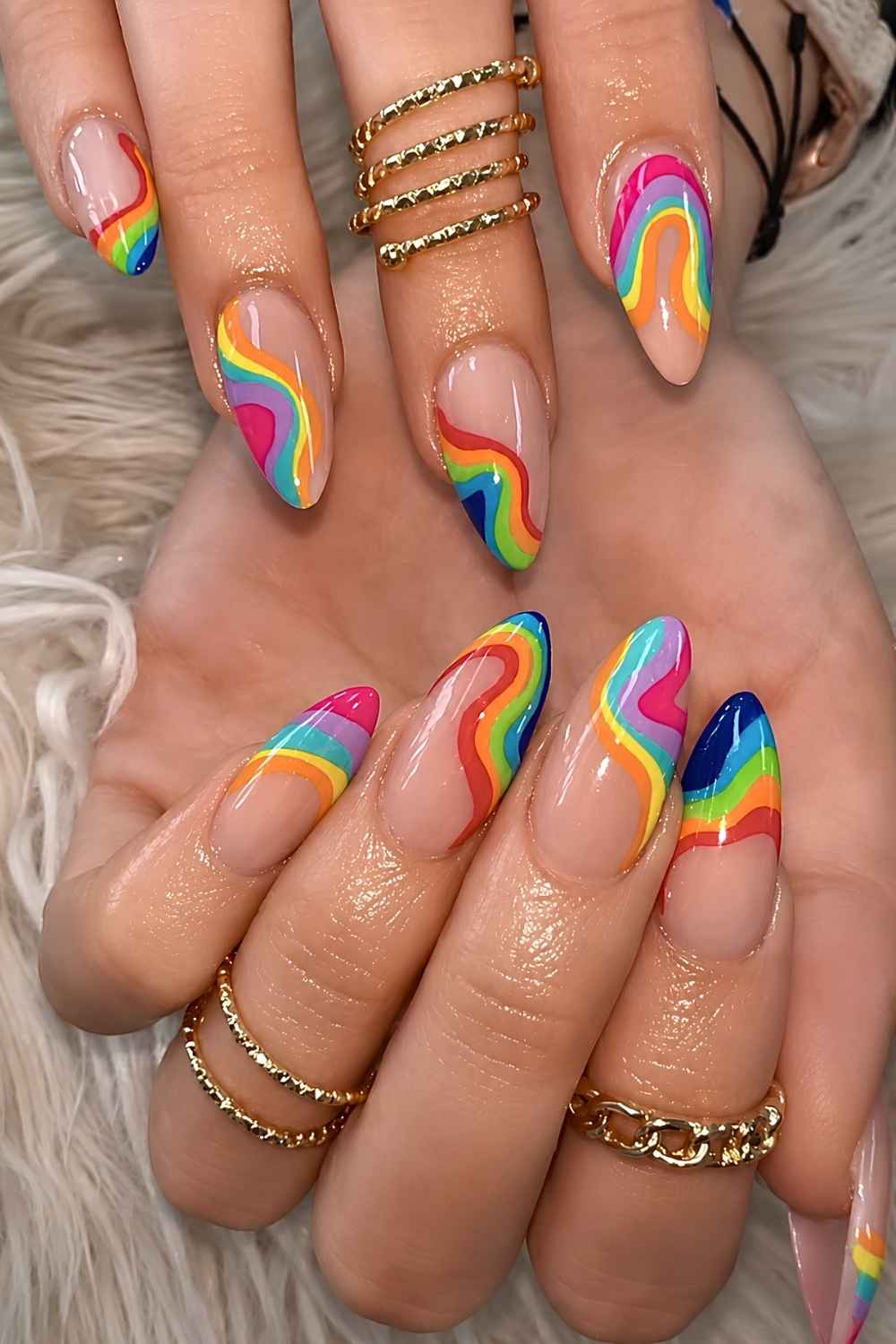 Wavy Rainbow Stripes Long Almond Nails, Glossy Wavy Rainbow Stripes Long Almond Nails, Glossy — Simple Rainbow Nails