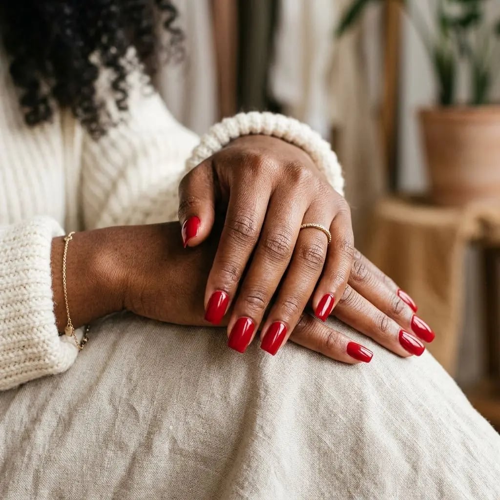 Uniform Bright Red Glossy Short Square Nails Uniform Bright Red Glossy Short Square Nails — Simple Red and Black Nails
