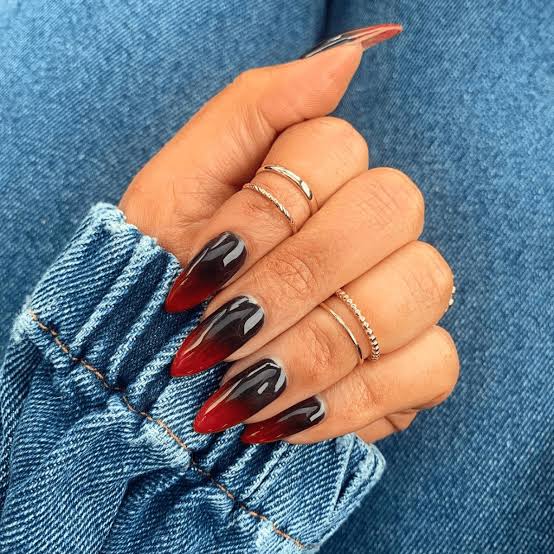 Red to Black Gradient Glossy Long Stiletto Nails Red to Black Gradient Glossy Long Stiletto Nails — Simple Red and Black Nails