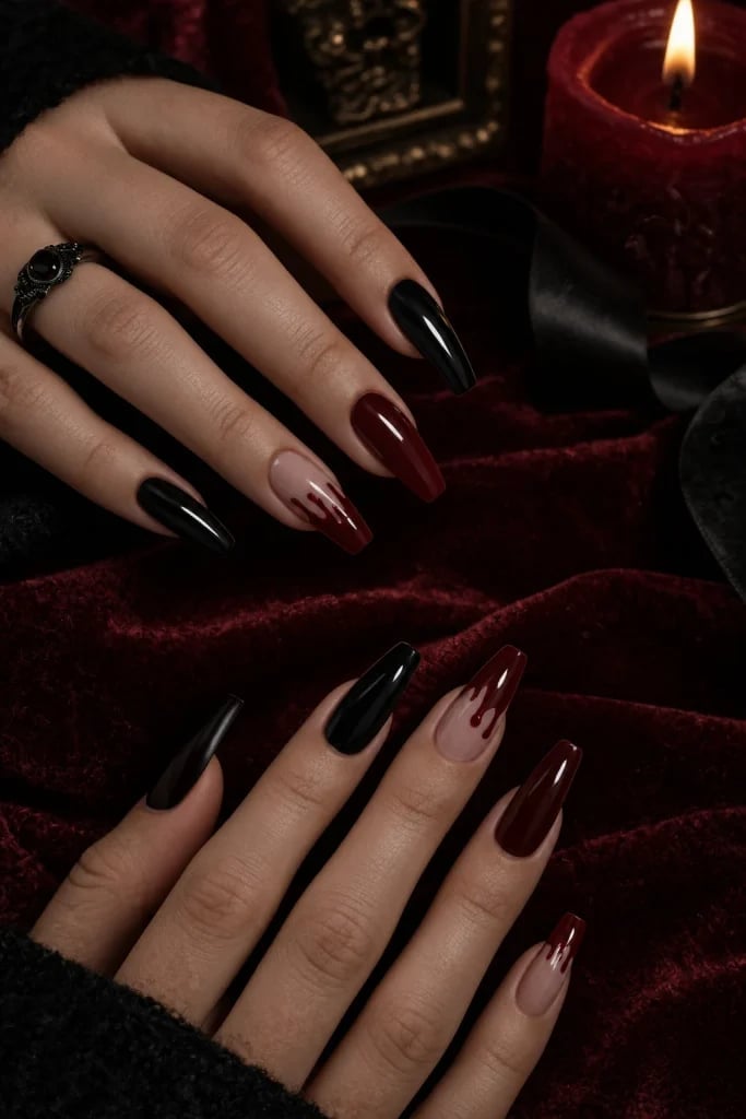 Glossy Black and Burgundy Drip Long Coffin Nails Glossy Black and Burgundy Drip Long Coffin Nails — Simple Red and Black Nails