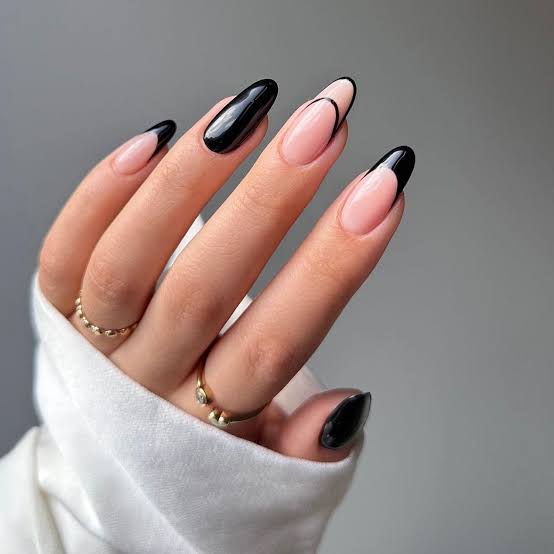 Sheer Pink with Black French Tip Medium Almond Nails Sheer Pink with Black French Tip Medium Almond Nails — Simple Red and Black Nails