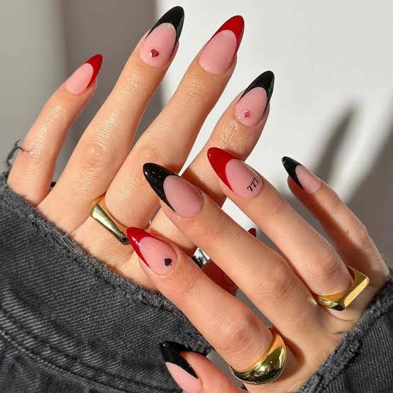 Pink Base Red and Black Split French Tip Almond Nails Pink Base Red and Black Split French Tip Almond Nails — Simple Red and Black Nails