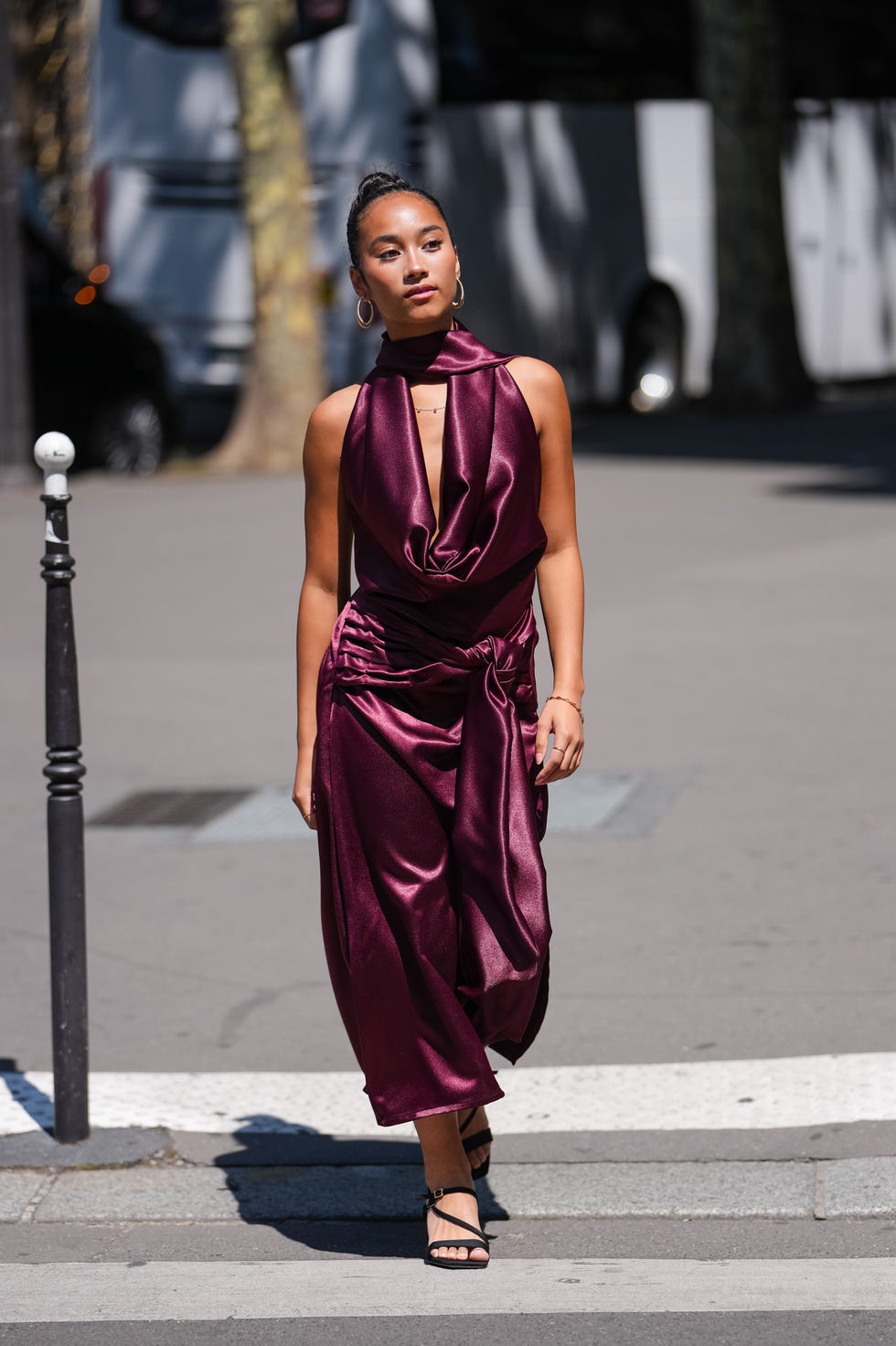 Deep Purple Satin Halter Cowl Neck Column Dress Deep Purple Satin Halter Cowl Neck Column Dress — Simple Semi Formal Dresses