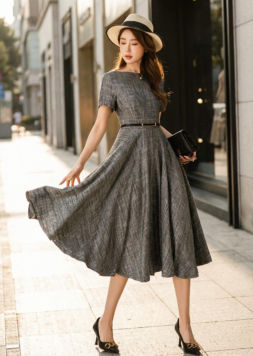 Gray Textured Fit and Flare Midi Dress Gray Textured Fit and Flare Midi Dress — Simple Semi Formal Dresses