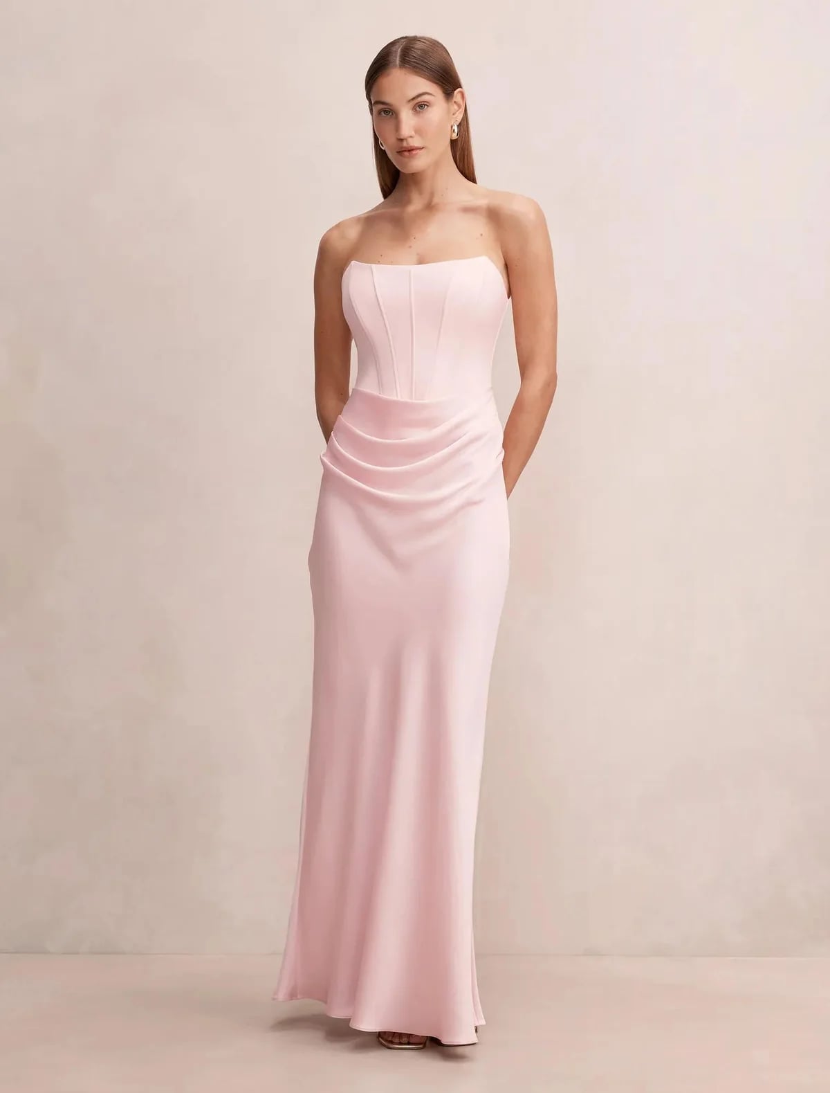 Long Pink Satin Strapless Dress with Corset Bodice Long Pink Satin Strapless Dress with Corset Bodice — Simple Semi Formal Dresses