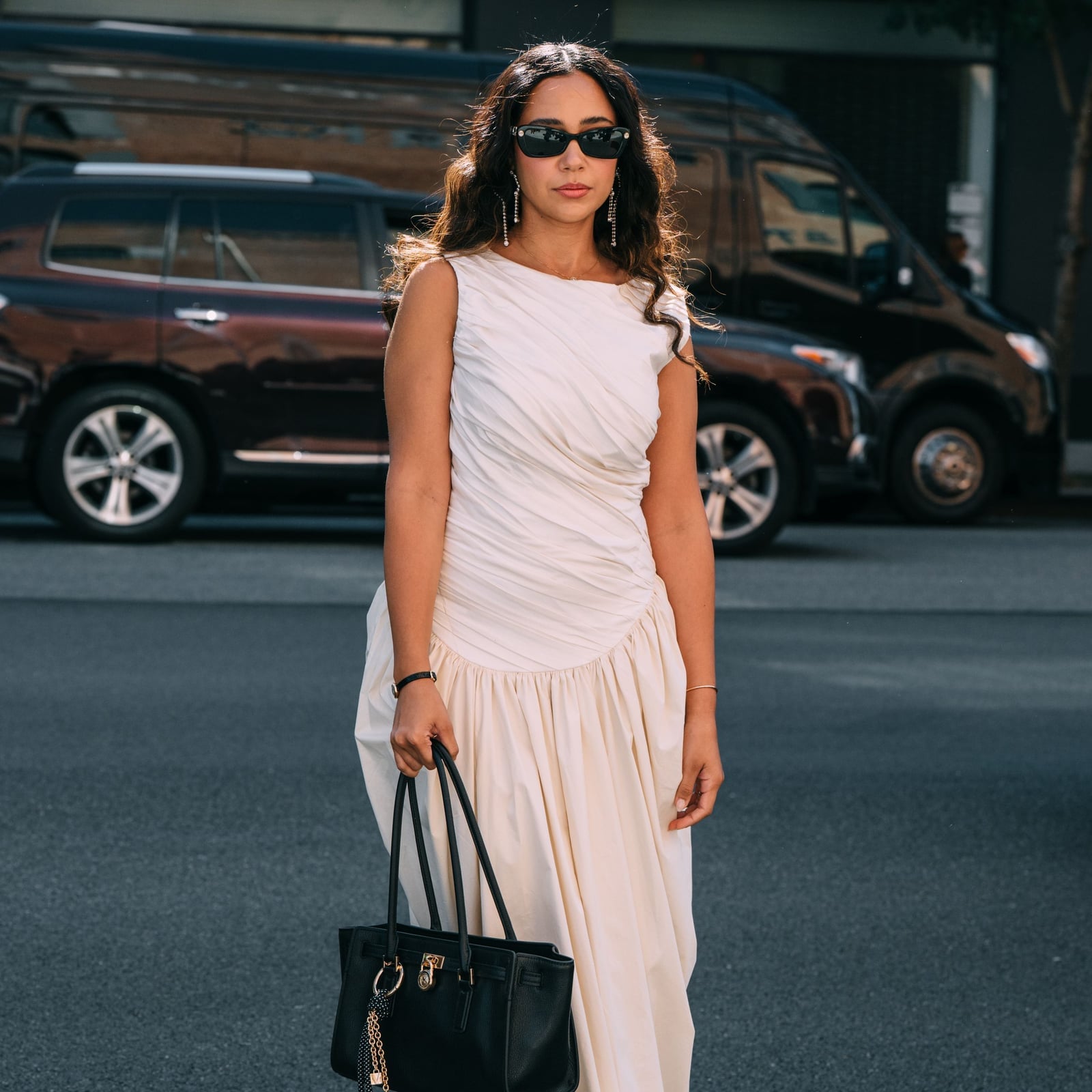 Ivory Draped Sleeveless Dress with Asymmetrical Neckline Ivory Draped Sleeveless Dress with Asymmetrical Neckline — Simple Semi Formal Dresses