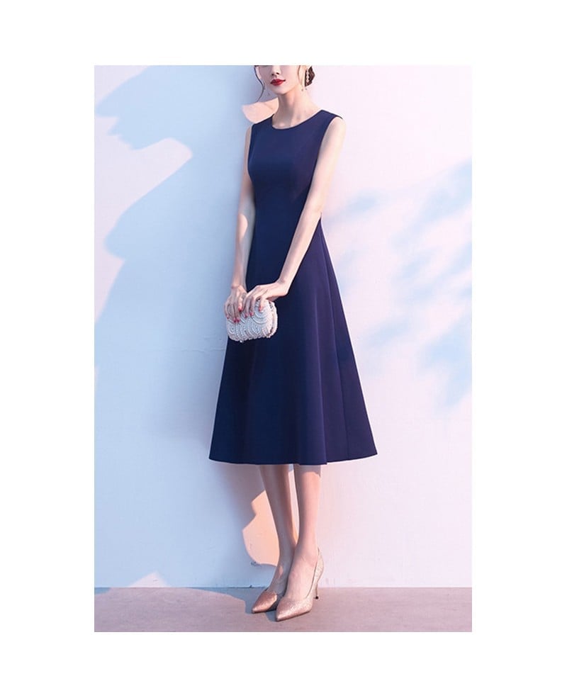 Navy Blue Sleeveless A-line Midi Dress Navy Blue Sleeveless A-line Midi Dress — Simple Semi Formal Dresses