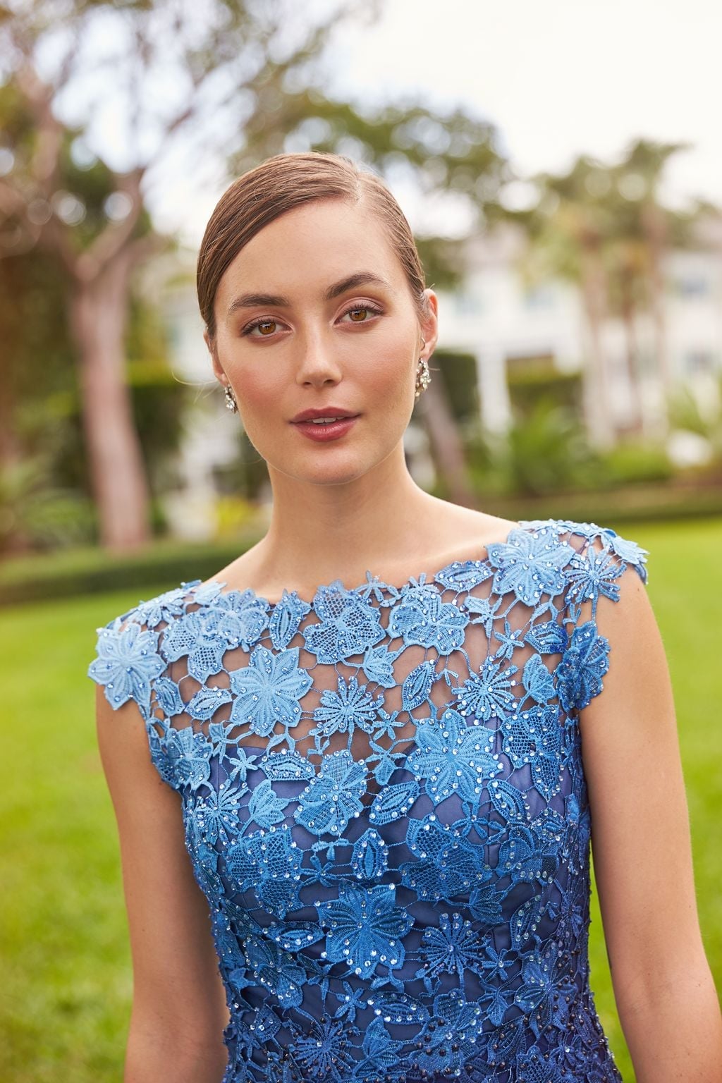 Blue Lace Dress with Mesh Overlay and Sequins Blue Lace Dress with Mesh Overlay and Sequins — Simple Semi Formal Dresses
