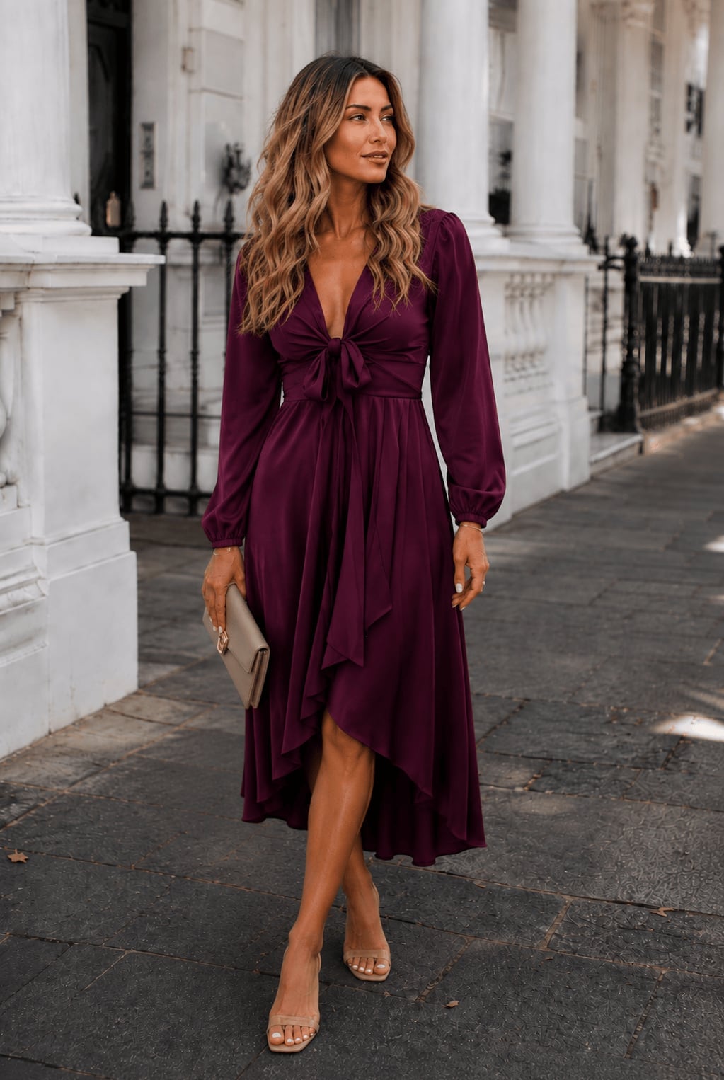 Deep Purple Satin Wrap Dress with High-Low Hem Deep Purple Satin Wrap Dress with High-Low Hem — Simple Semi Formal Dresses