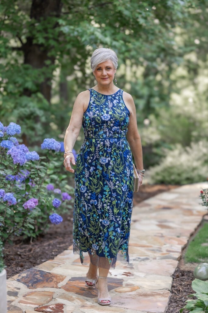 Navy Midi Dress with Floral Embroidery and Mesh Hem Navy Midi Dress with Floral Embroidery and Mesh Hem — Simple Semi Formal Dresses