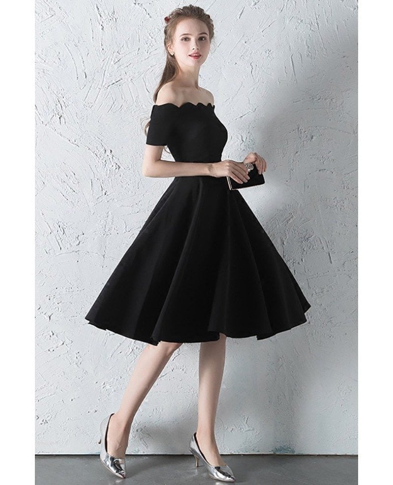 Black Off-Shoulder Knee-Length Dress with Scalloped Neckline Black Off-Shoulder Knee-Length Dress with Scalloped Neckline — Simple Semi Formal Dresses