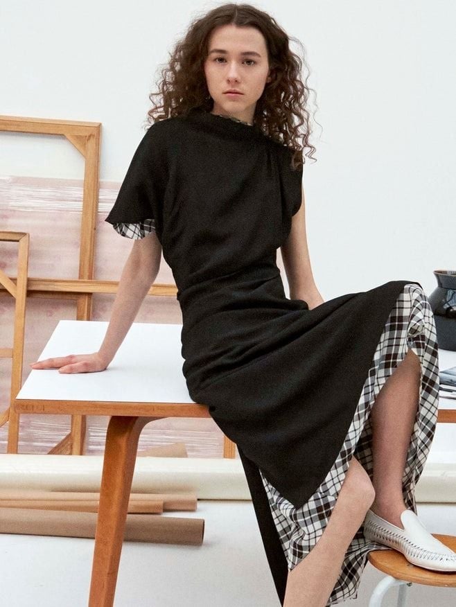 Black Midi Dress with Plaid Lining and A-line Skirt Black Midi Dress with Plaid Lining and A-line Skirt — Simple Semi Formal Dresses