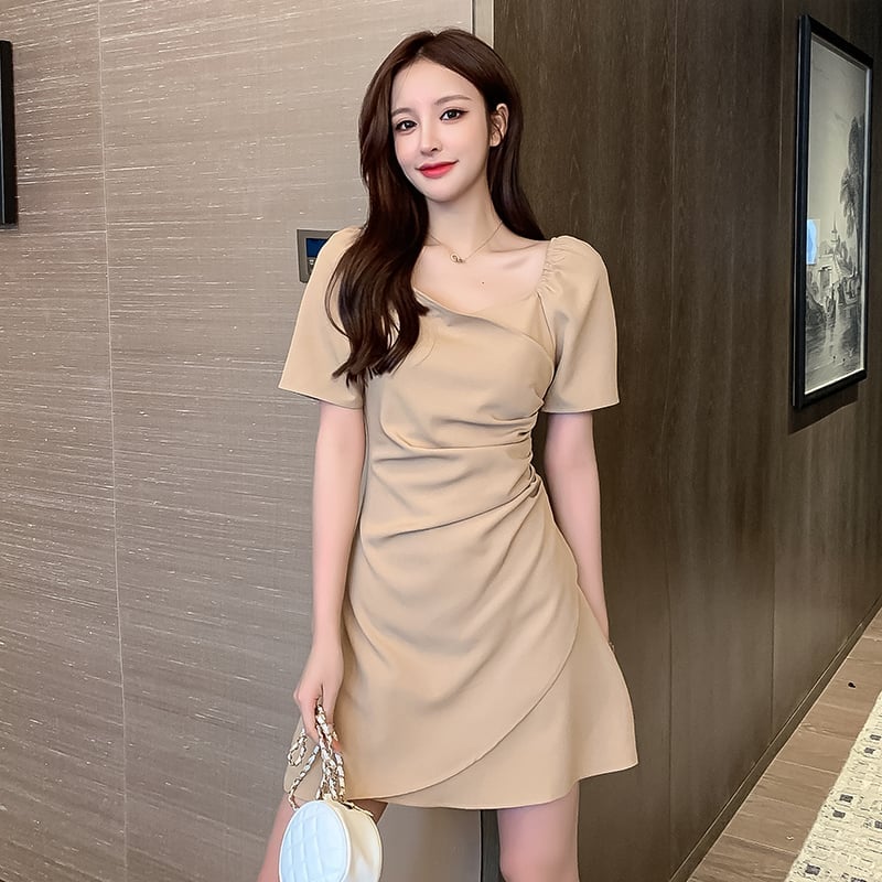 Beige Fitted Mini Dress with Draped Asymmetrical Skirt Beige Fitted Mini Dress with Draped Asymmetrical Skirt — Simple Semi Formal Dresses